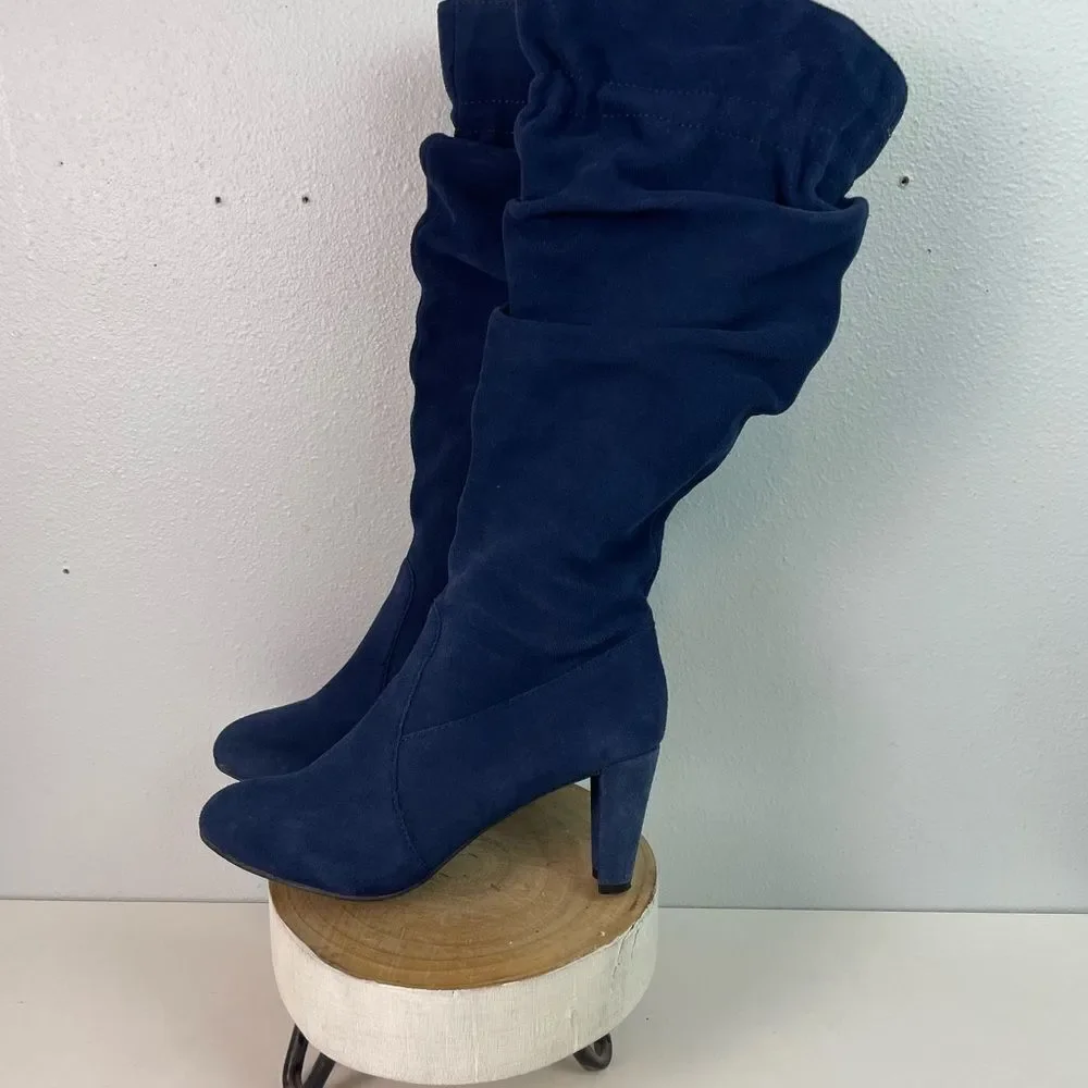 Hot in Hollywood Blue Leather Over the Knee Slouchy Boots Size 8W EUC